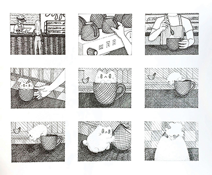 Black and White illustration of a short story about a cat made out of cappuccino foam.